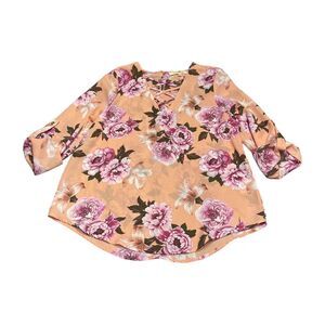 Wishful Park Blouse Pink Floral Long Roll Tab Sleeves Women’s Size Small